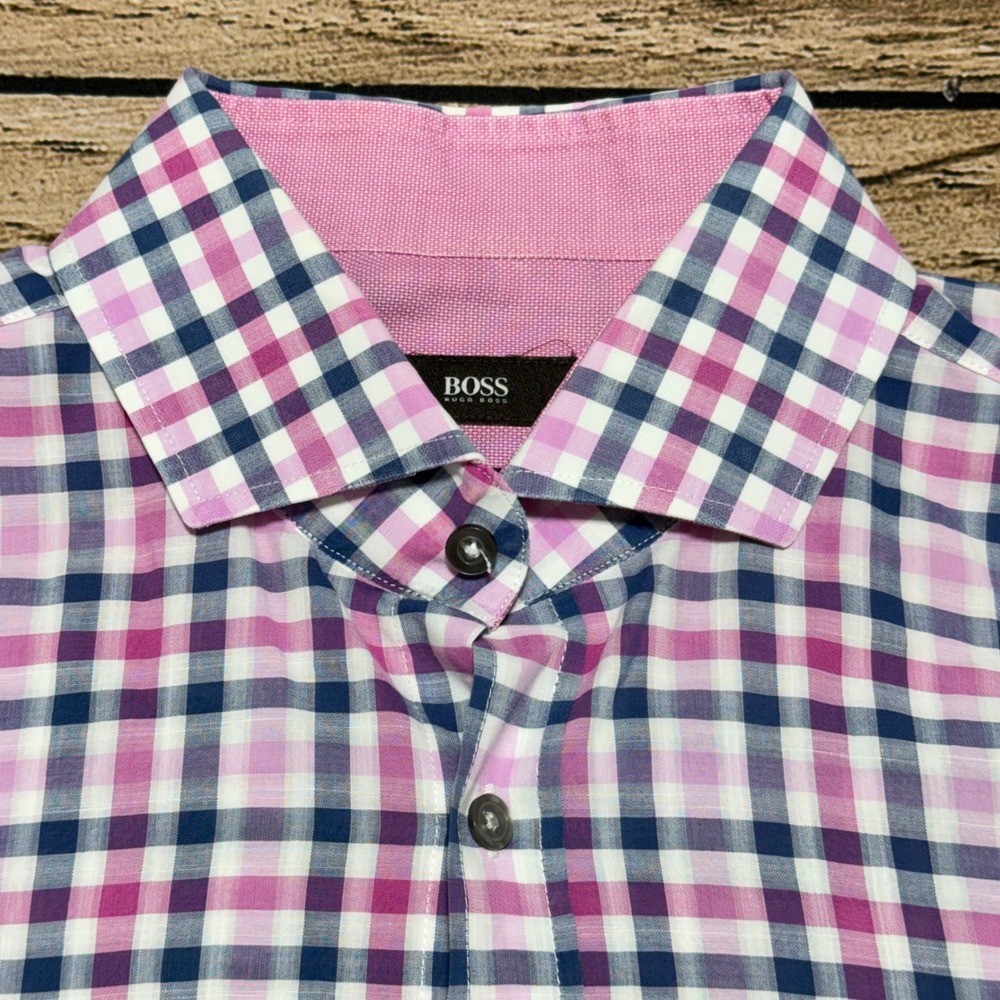 BOSS Hugo Boss Button Up Men L Pink Blue Check Slim Fit Long Sleeve Shirt